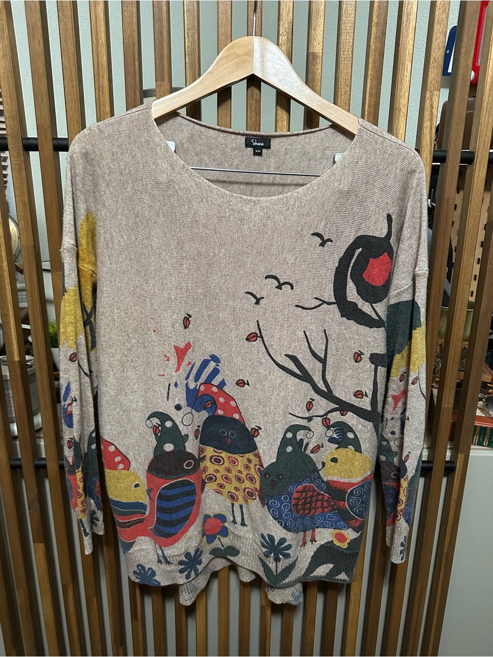 Shana Wearable Art Whimsical Bird Graphic Knit Sweater Boho Quirky Artsy Medium